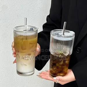 Round Vertical Stripped Smoothie Glass Cup With Straw