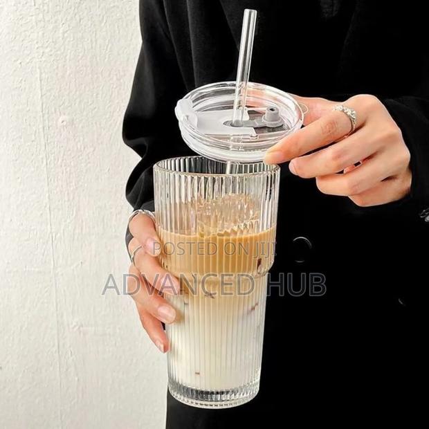 Round Vertical Stripped Smoothie Glass Cup With Straw - thumbnail 2