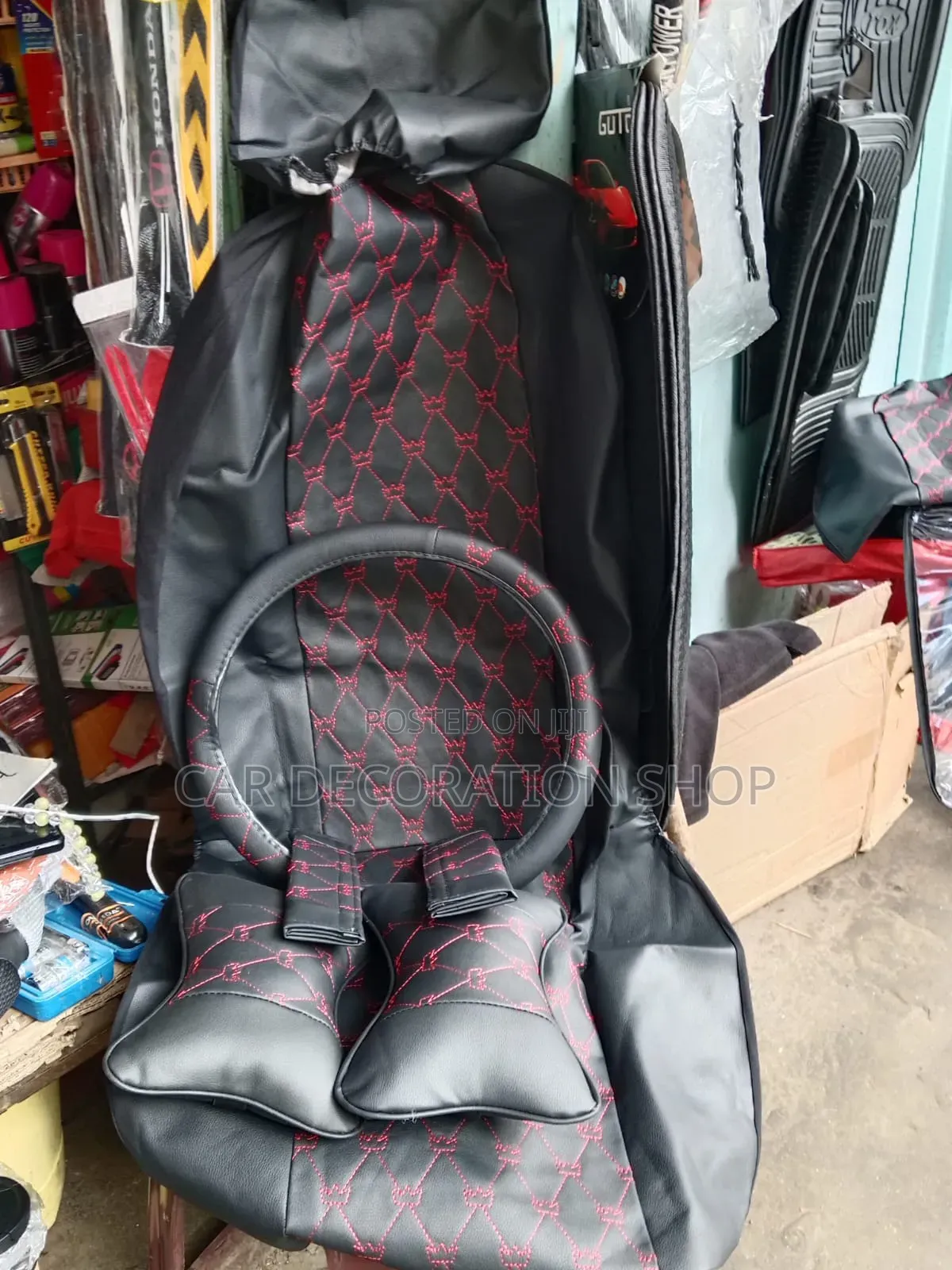 Leather Black Red Stitched Seat Cushion With Pillow, Steering,Belt Pad