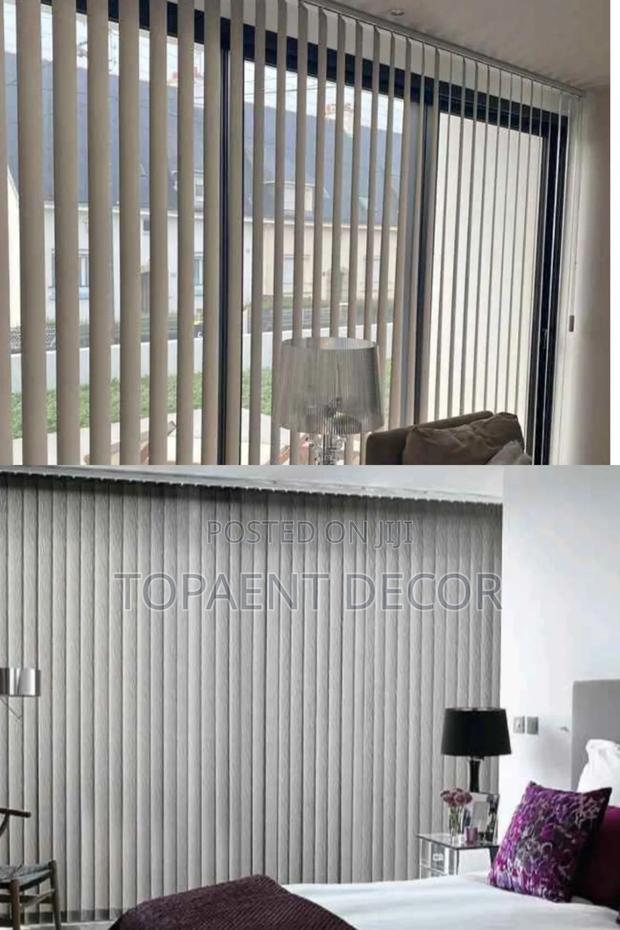 Closed and Opened Light Grey Vertical Office Window Blinds