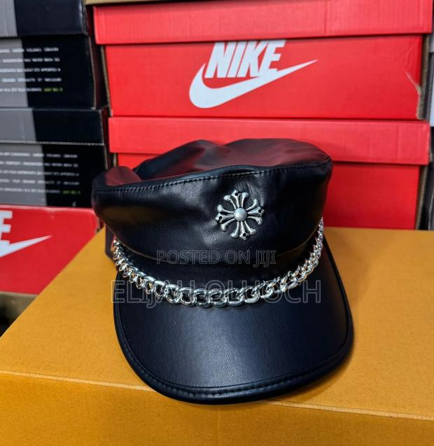 Black Leather Chrome Heart Cap - main view
