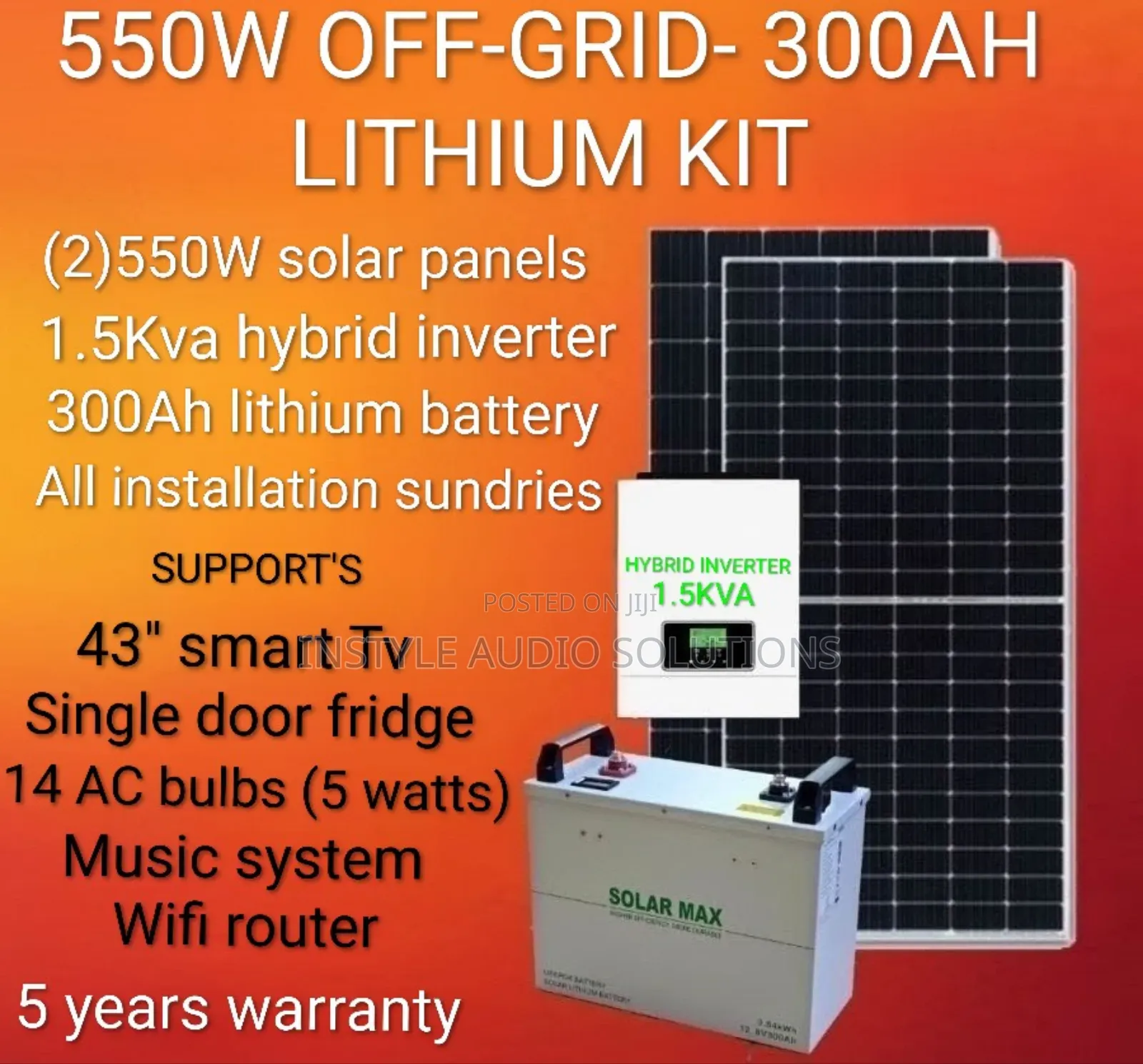 1.5kva Offgrid- 300ah Lithium Battery- (2)550w Solar Free Installation