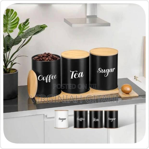 *3 Pc(Tea, Coffee, Sugar) Canister* Ceramic With Bamboo Lid