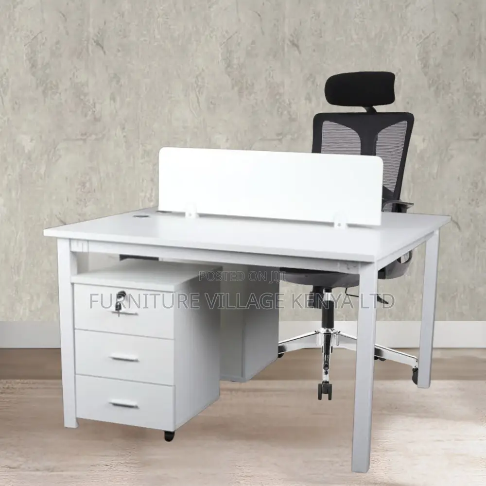 Office Desk; 2-Way Modern White Office Workstation With File Cabinet