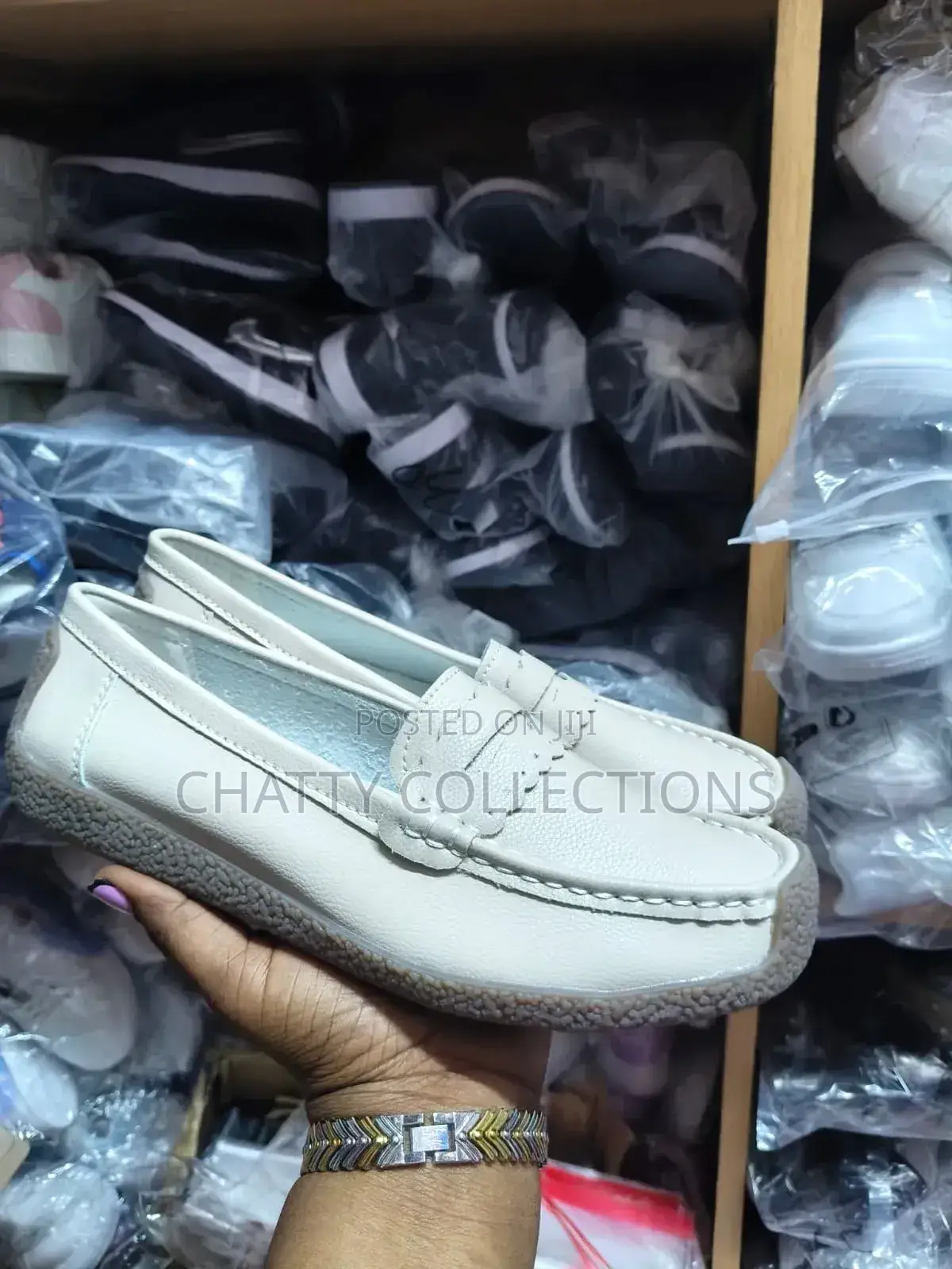 Beige Ladies Leather Loafer Shoes Size 37 to 43