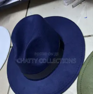 Navy Blue Unisex Wide Brim Fedora Hats With Black Ribbon