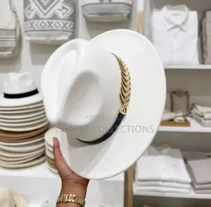 White Unisex Wide Brim Fedora Hats With Black and Gold Ribbon