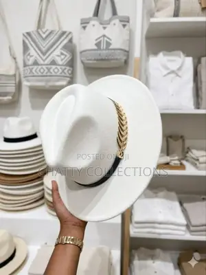 White Unisex Wide Brim Fedora Hats With Black And Gold Ribbon