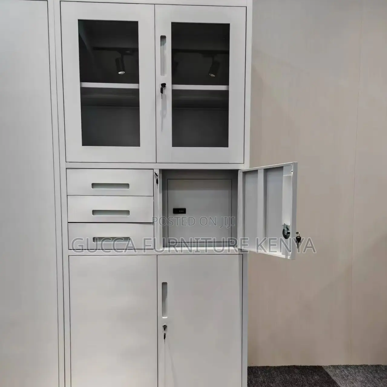 Office Glass Front Safe Cabinet With 3 Drawers