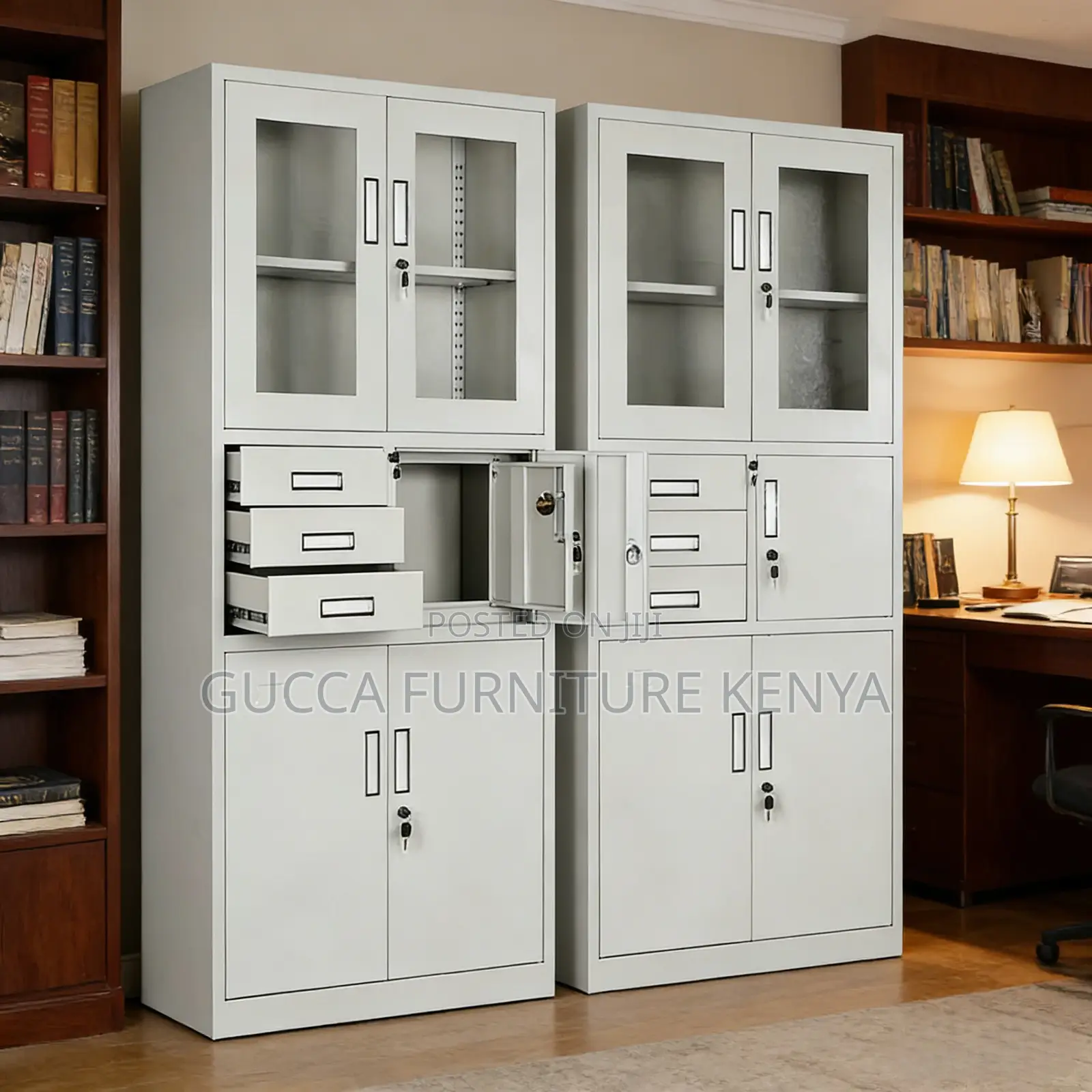 Office Glass Front Safe Cabinet With 3 Drawers