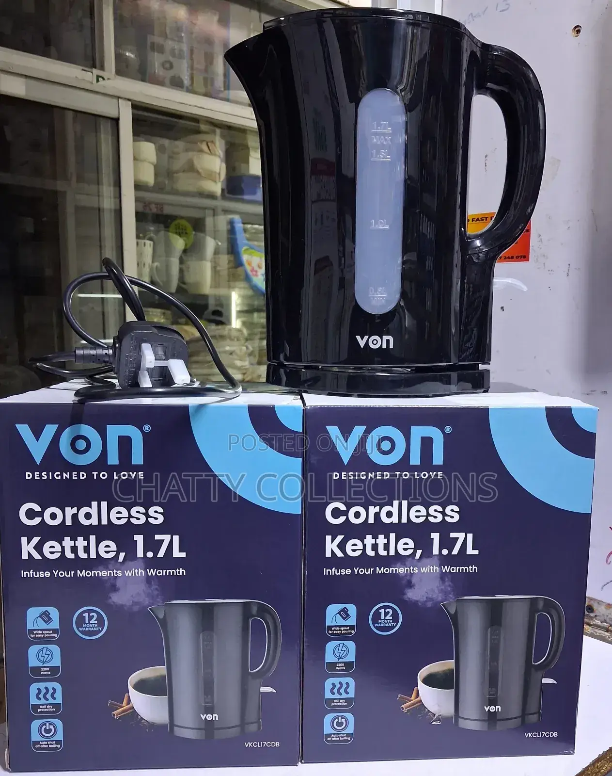 Black 1.7 Litres Upright Von Cordless Kettle