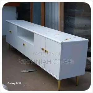 *6 Ft Modern Classy White Themed Tv Stand With Marble Topping