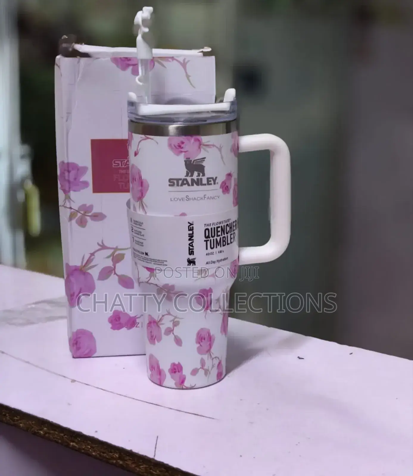 White and Pink 1.2 LTRS Flowered Insulated Stanley Mug With Straw Top