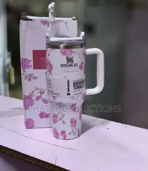 White and Pink 1.2 LTRS Flowered Insulated Stanley Mug With Straw Top