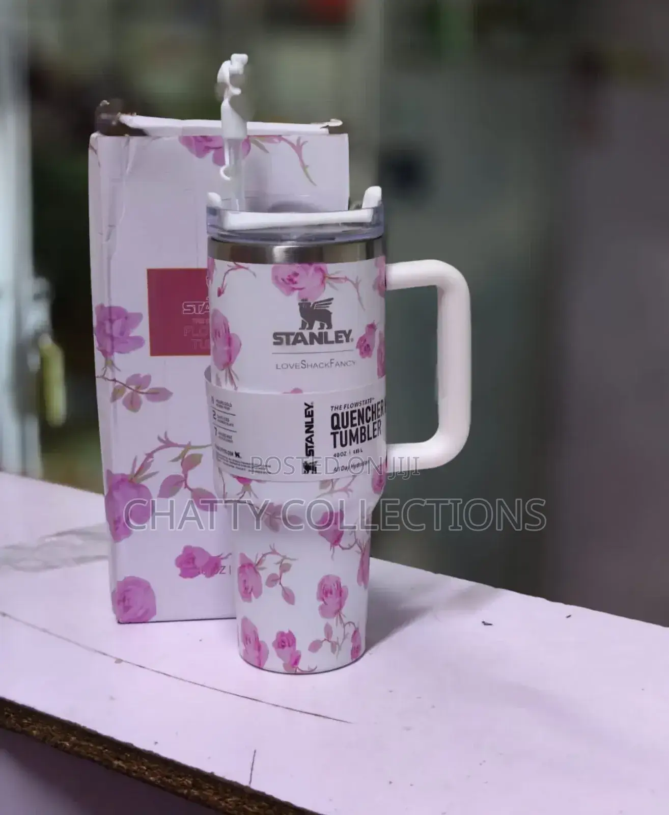 White and Pink 1.2 LTRS Flowered Insulated Stanley Mug With Straw Top