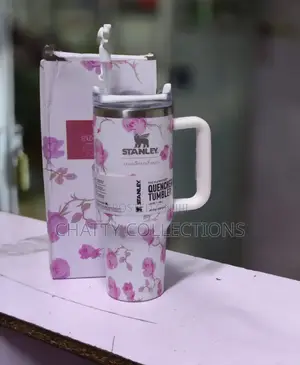 White and Pink 1.2 LTRS Flowered Insulated Stanley Mug With Straw Top