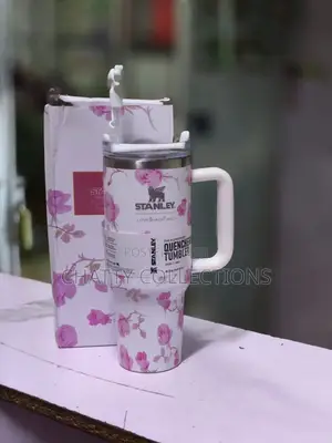 White and Pink 1.2 LTRS Flowered Insulated Stanley Mug With Straw Top