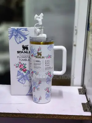 White and Blue 1.2 LTRS Flowered Insulated Stanley Mug With Straw Top