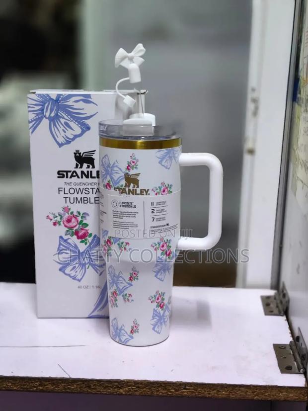 White and Blue 1.2 LTRS Flowered Insulated Stanley Mug With Straw Top