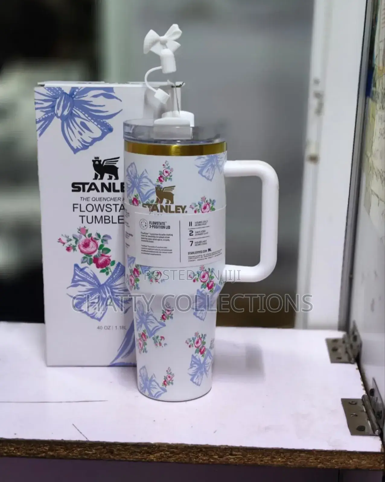 White and Blue 1.2 LTRS Flowered Insulated Stanley Mug With Straw Top