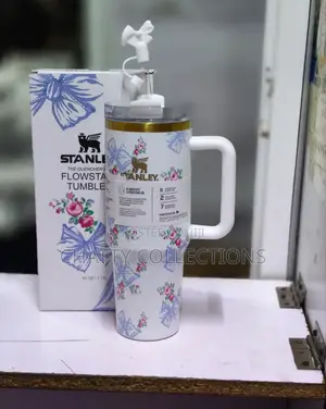 White and Blue 1.2 LTRS Flowered Insulated Stanley Mug With Straw Top