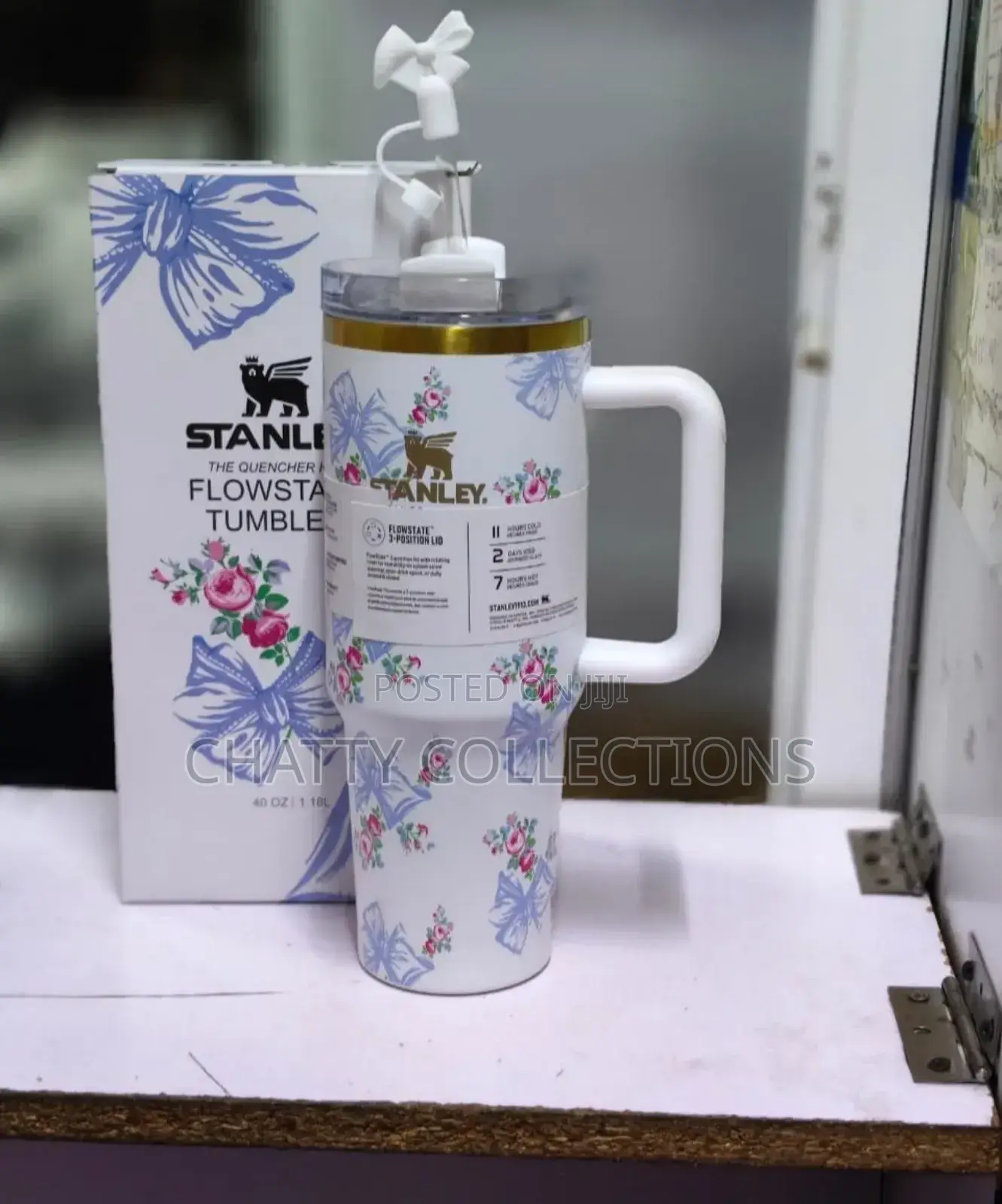 White and Blue 1.2 LTRS Flowered Insulated Stanley Mug With Straw Top