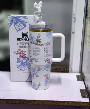 White and Blue 1.2 LTRS Flowered Insulated Stanley Mug With Straw Top