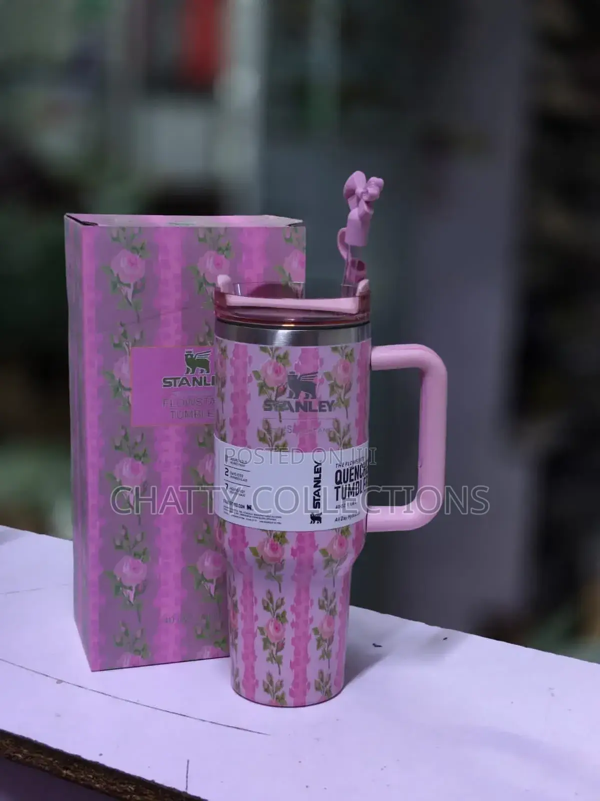 Pink 1.2 LTRS Flowered Insulated Stanley Mug With Straw Top