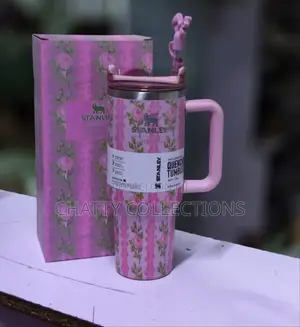 Pink 1.2 LTRS Flowered Insulated Stanley Mug With Straw Top
