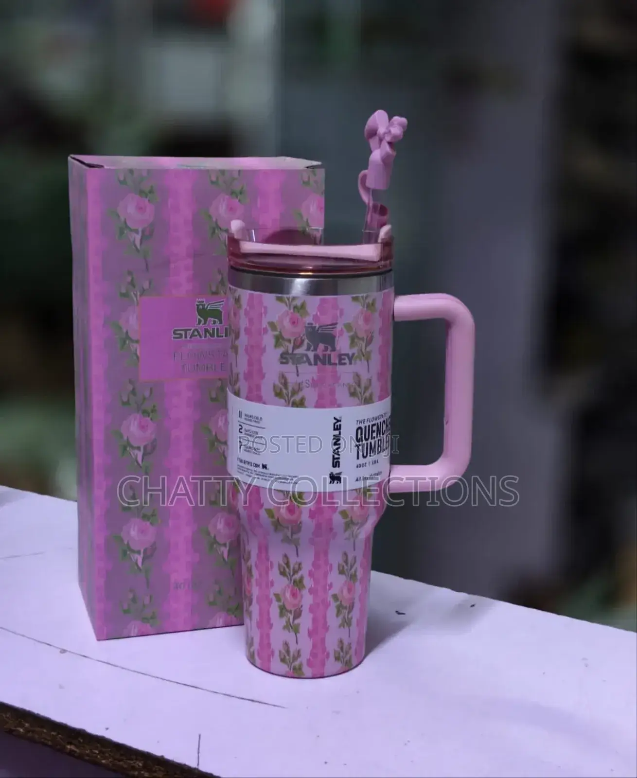 Pink 1.2 LTRS Flowered Insulated Stanley Mug With Straw Top