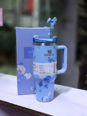 Blue 1.2 LTRS Flowered Insulated Stanley Mug With Straw Top