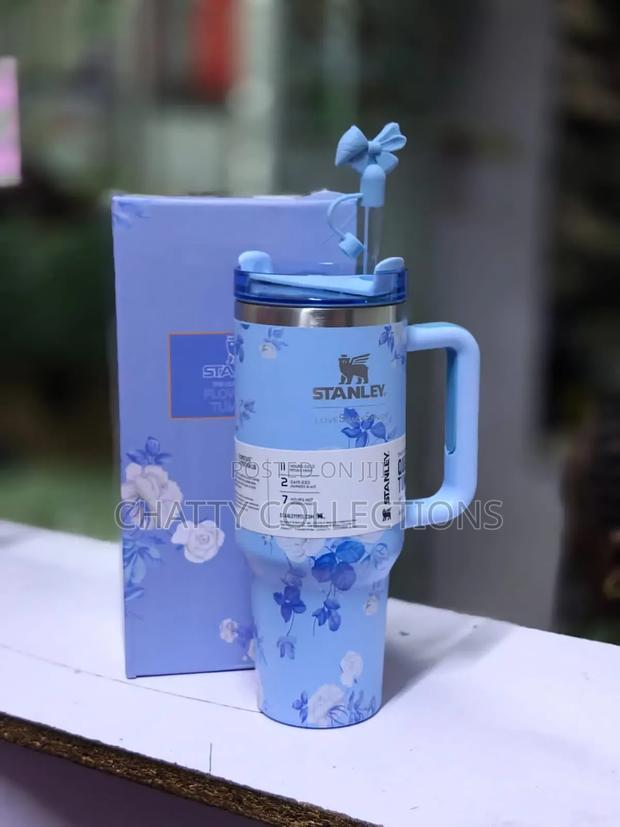 Blue 1.2 LTRS Flowered Insulated Stanley Mug With Straw Top - thumbnail 2