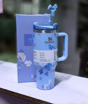 Blue 1.2 LTRS Flowered Insulated Stanley Mug With Straw Top