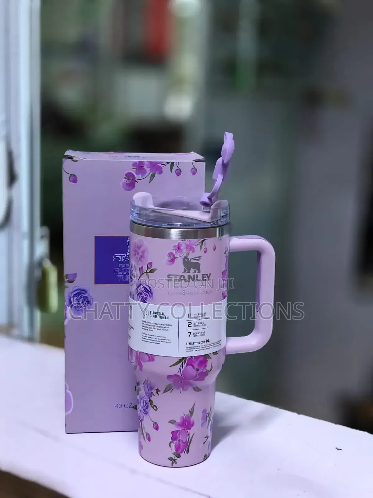 Purple 1.2 LTRS Flowered Insulated Stanley Mug With Straw Top