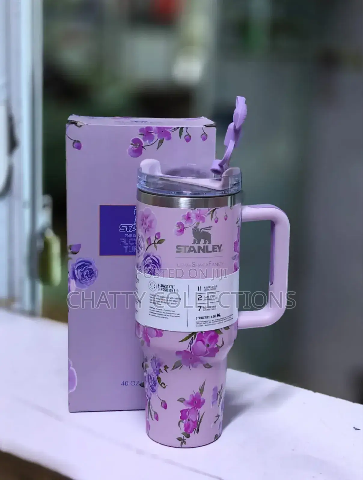 Purple 1.2 LTRS Flowered Insulated Stanley Mug With Straw Top