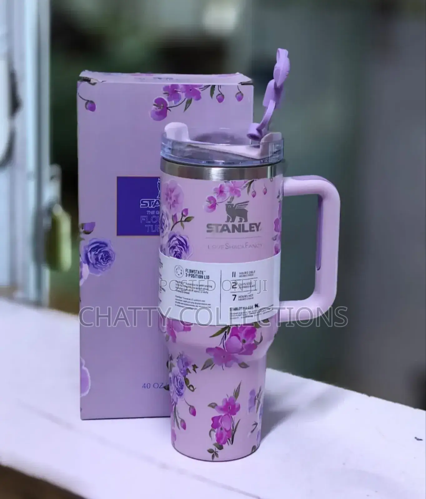 Purple 1.2 LTRS Flowered Insulated Stanley Mug With Straw Top