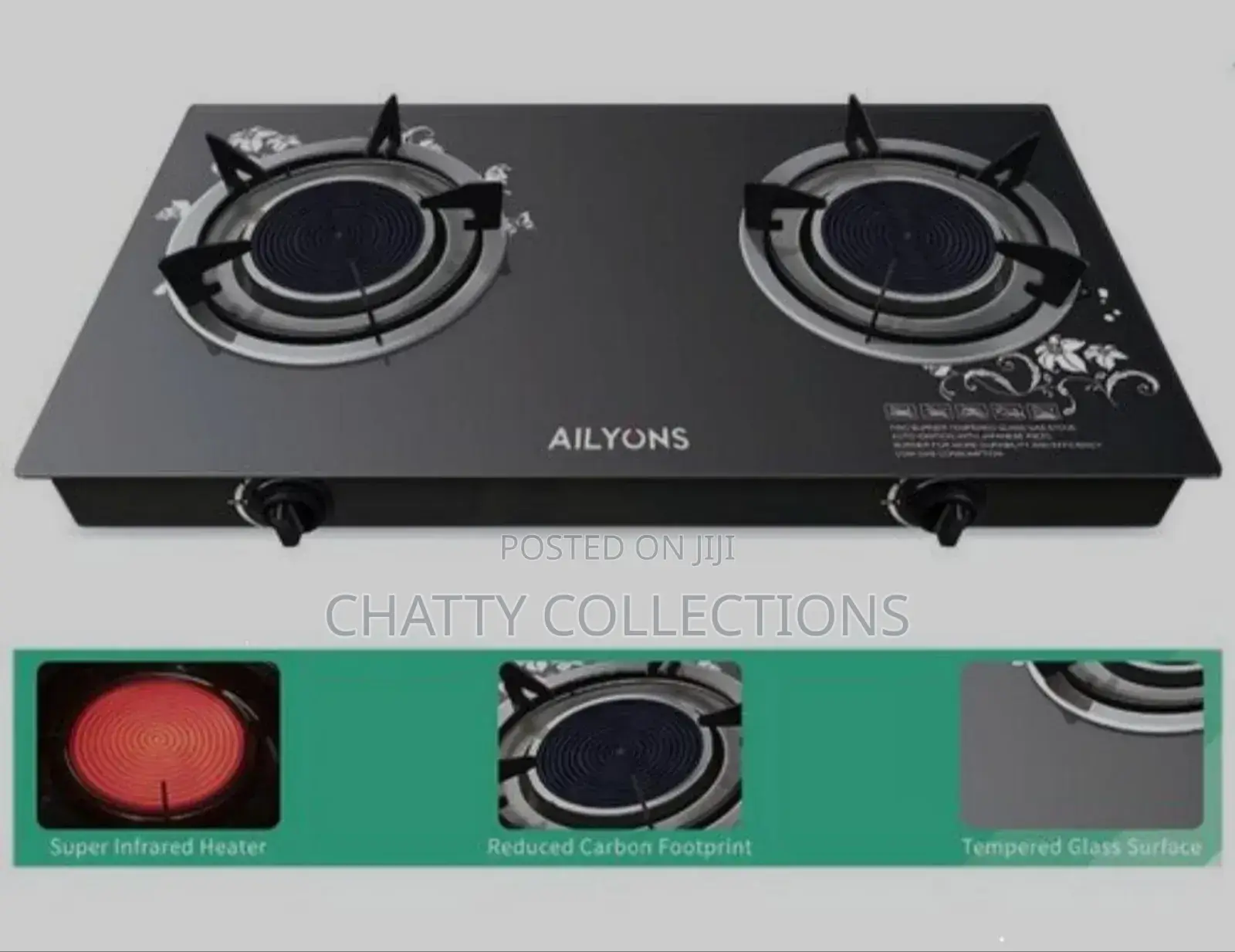 Black 2 Burner Ailyons Infrared Glass Table Top Burner