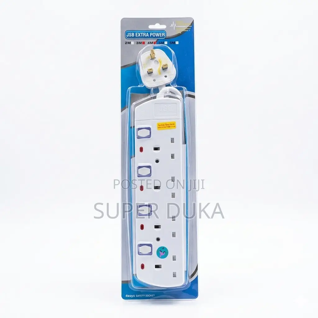 JSB 4-Way Extension Socket - 3m Heavy Duty Surge Protector (White)