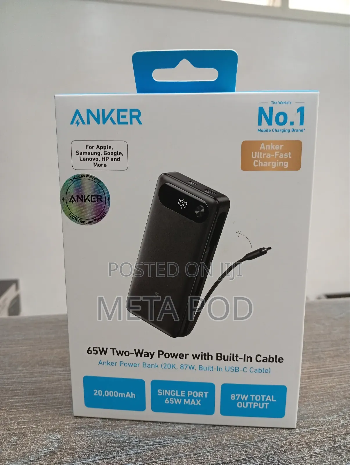 Anker Power Bank 20000mah 87w With Built in USB -C Cable