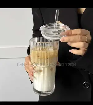 Available Round Vertical Stripped Glass Cup With Lid Straw