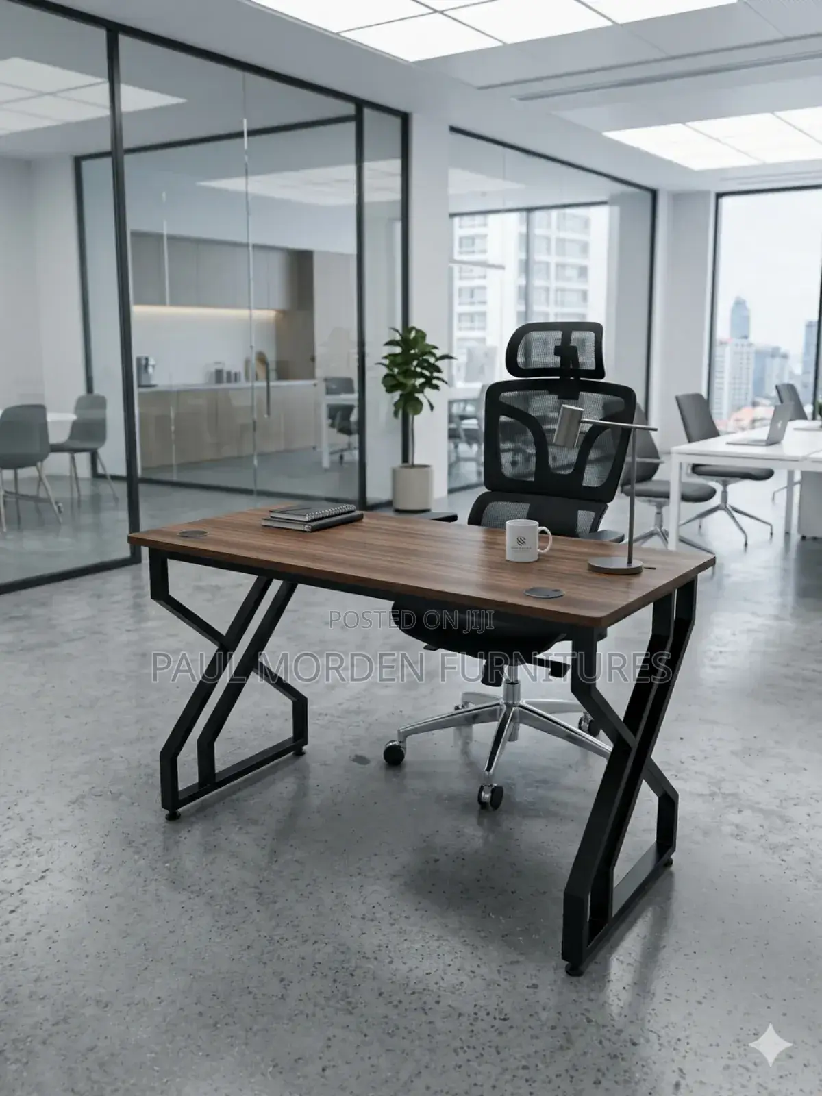 Office Table :Complete Black Stand Steel With Walnut Topboad (1.2m)