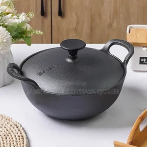 Pre-Seasoned Pure Cast Iron Flat Bottom Wok With Cast Iron Lid