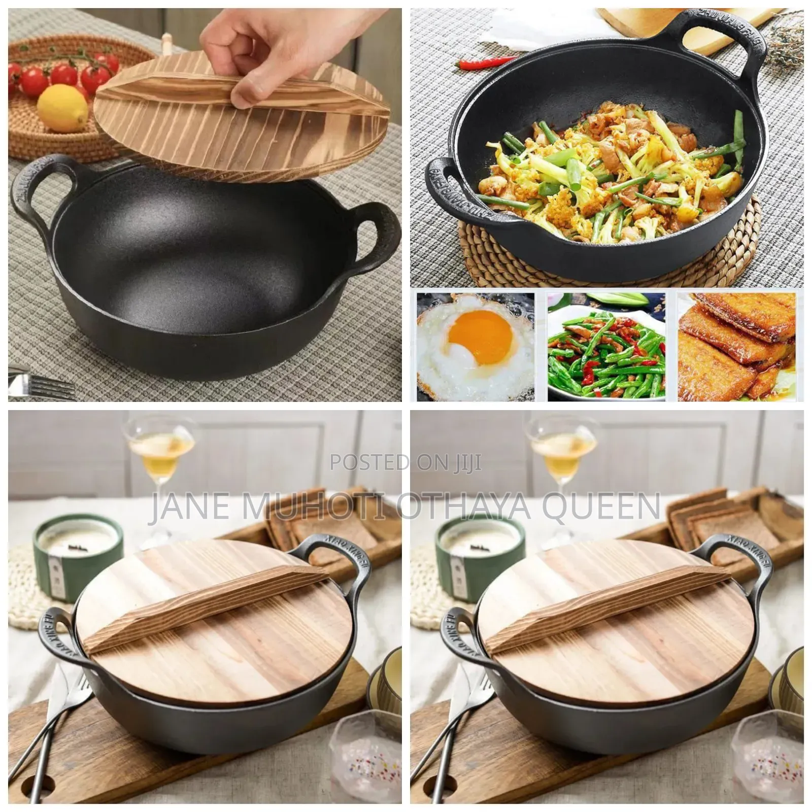 Pre-Seasoned Pure Cast Iron Flat Bottom Wok With Wooden Lid