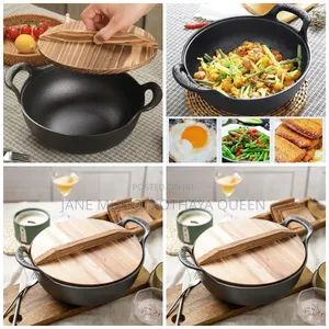 Pre-Seasoned Pure Cast Iron Flat Bottom Wok With Wooden Lid