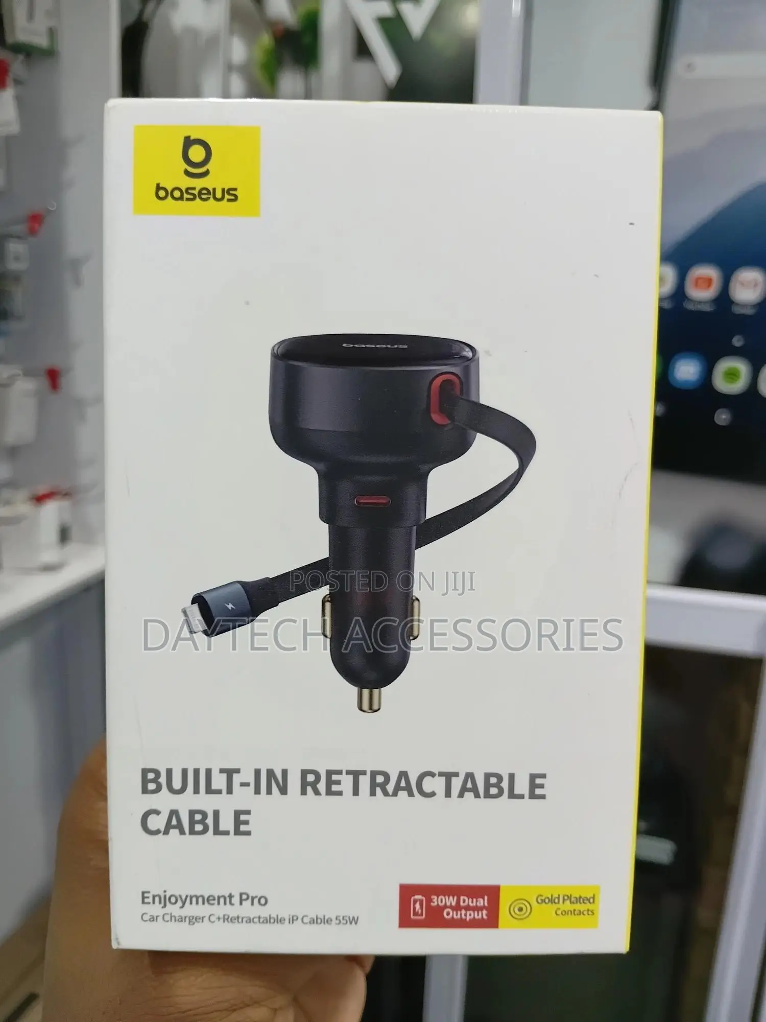 Baseus Enjoyment Pro Car Charger With a Built-in Retractable Cable.