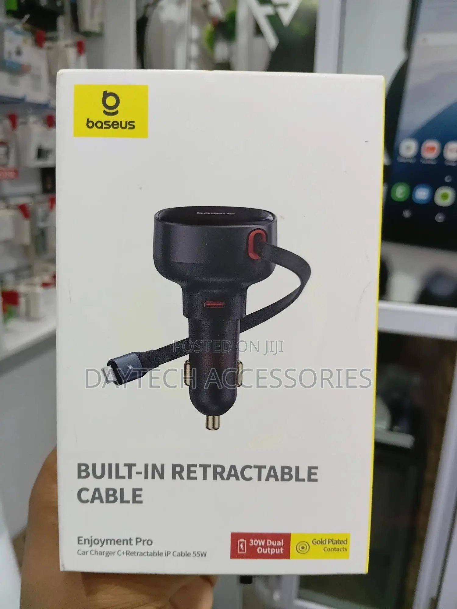 Baseus Enjoyment Pro Car Charger With a Built-in Retractable Cable.