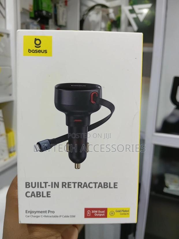 Baseus 60w Dual Port Car Charger Retractable Type-C Cable + Usb-C Port