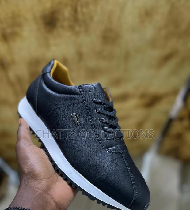 Black Lacoste Men Casual Leather Shoes With Rubber Sole