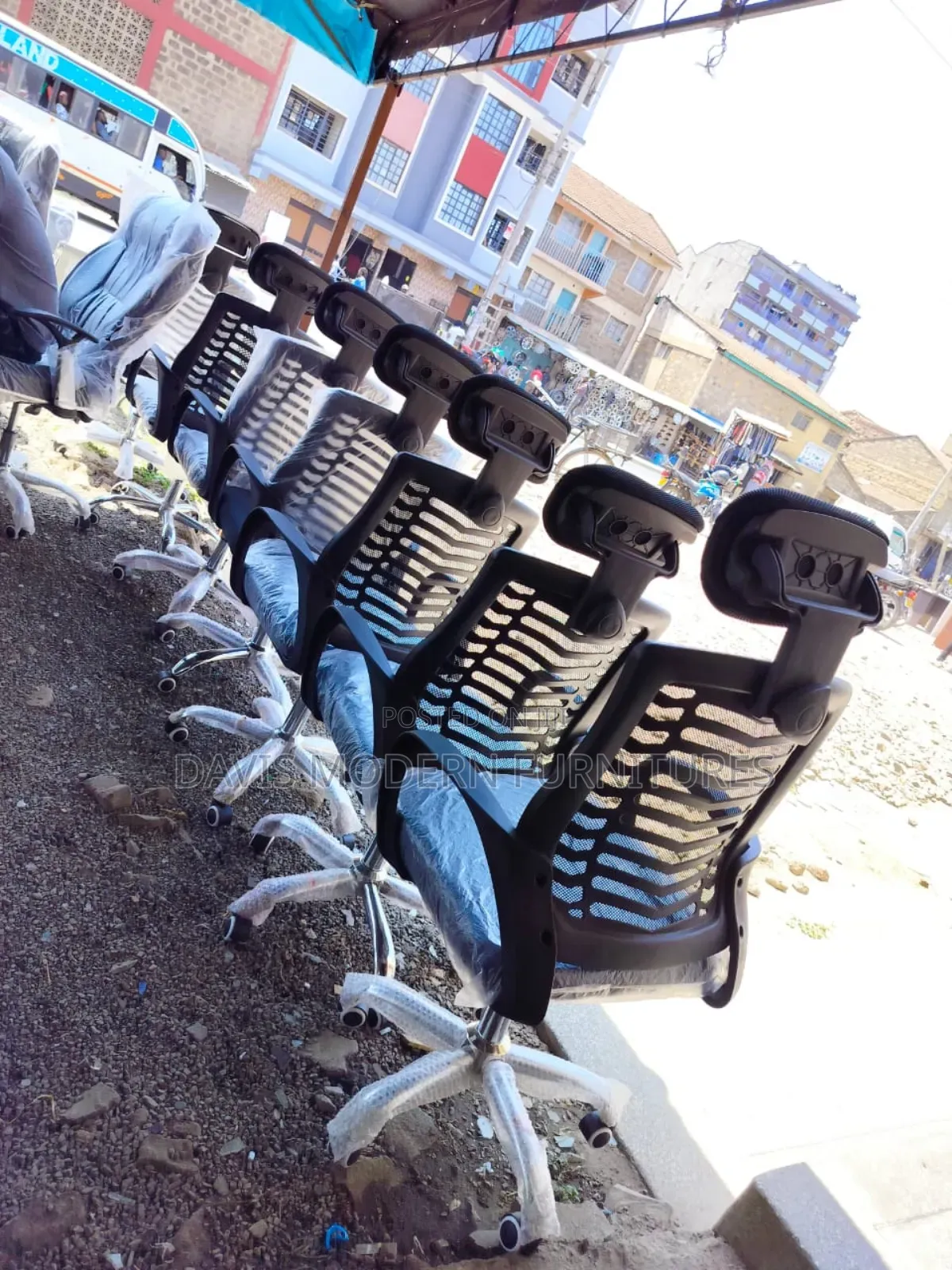 Four Black Office Chair With Blue Cushion