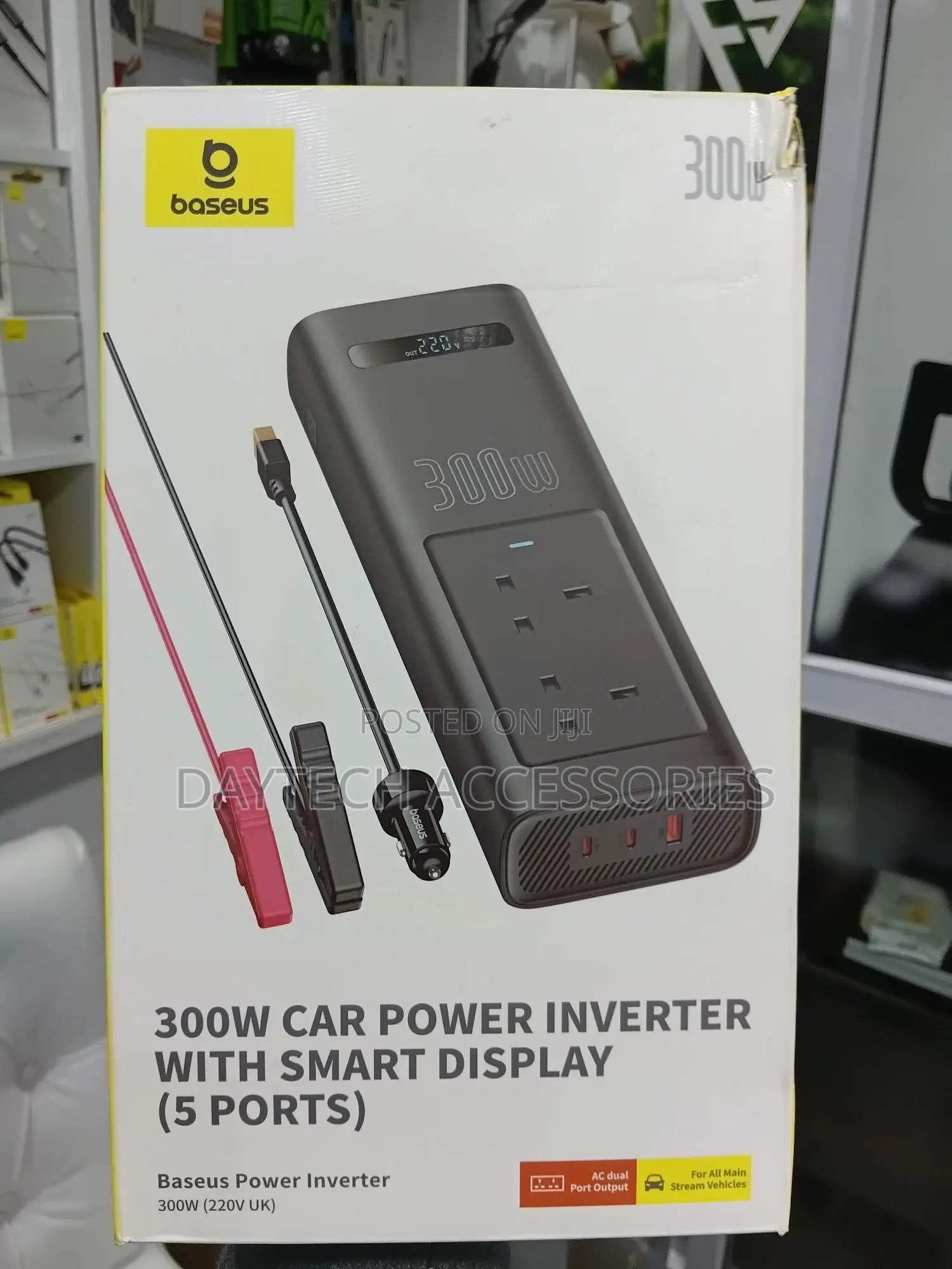Baseus 300w-220v Uk Car Power Inverter With Smart Display 5 Ports.